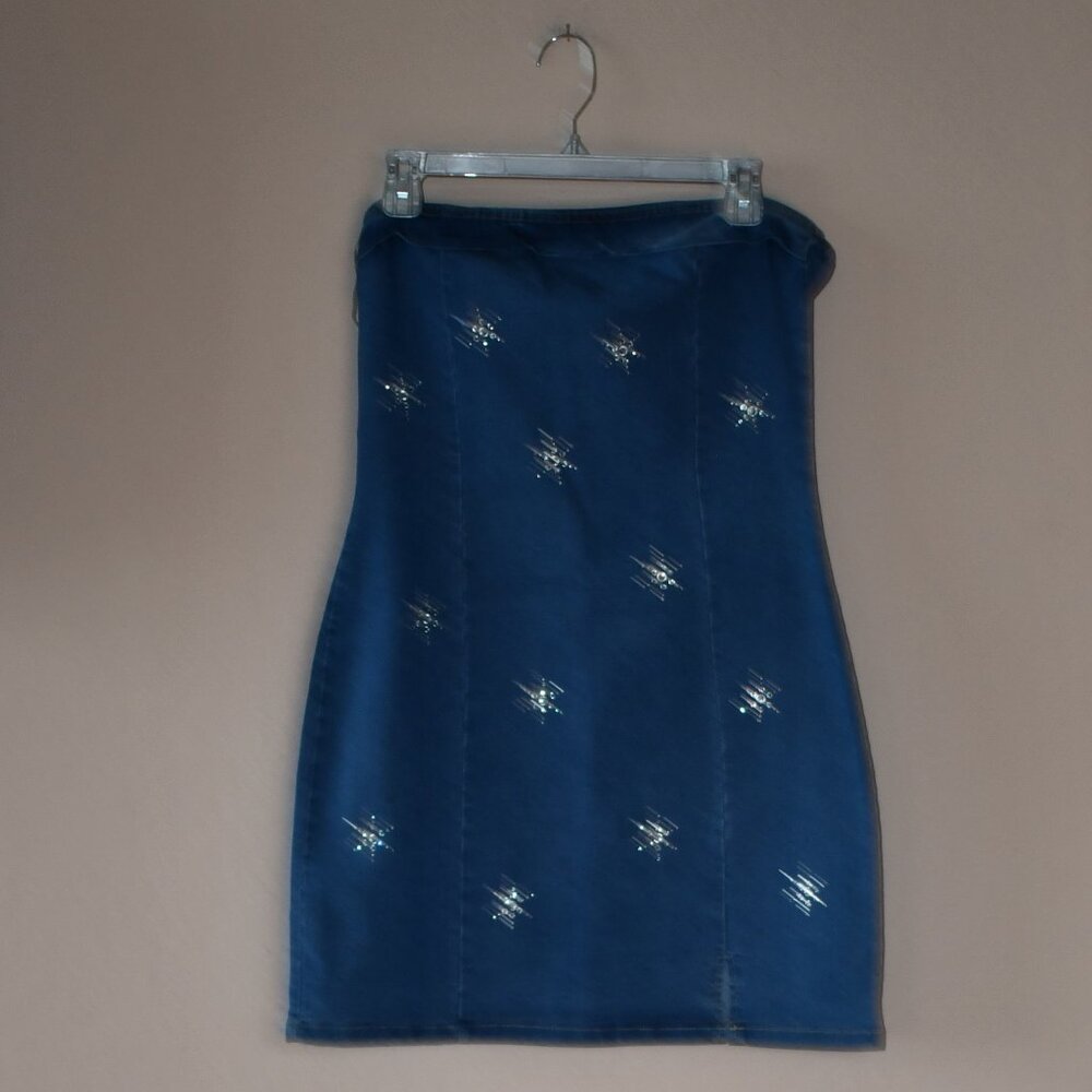 Heart & Heels Junior Strapless Denim Rhinestone Embellished Mini Dress - Size XL
